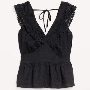 NEW Old Navy Flutter-Sleeve Crochet Lace Tie-Back Peplum Top Women Black Size XS